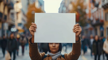 black hands holding rectangular blank white paper board at a protest, minimalistic editorial mockup