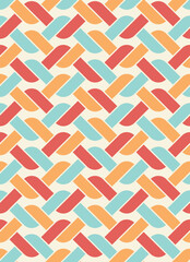 Seamless repeating pattern with intertwined zigzag stripes in light blue, yellow, and red on a white background. Retro design made with small rectangular tiles. Abstract geometric style. 