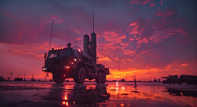 Ground-based interceptors ready for missile defense, dusk setting