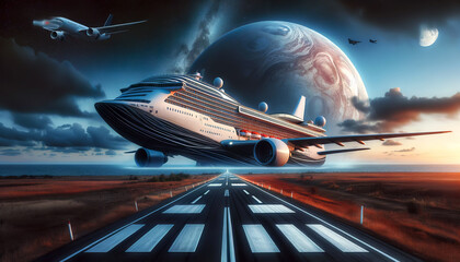 An AI-generated conceptual art piece combining a cruise ship and an airplane against a backdrop of an expansive sky with planets, depicting a surreal merger of different modes of transportation.