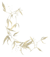 Bamboo semicircular frame arrangement. Golden texture exotic branches, leaves and twigs. Template design.
