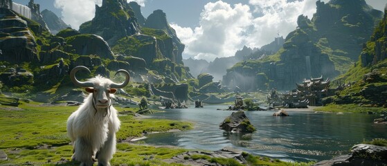 a horned animal standing on top of a lush green field next to a body of water with mountains in the background.