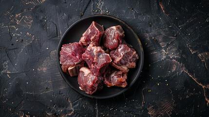 lamb stew meat cut, ultra define and real, with focus on texture, product visual view, flat lay view, dark and moody, minimalist background - obrazy, fototapety, plakaty