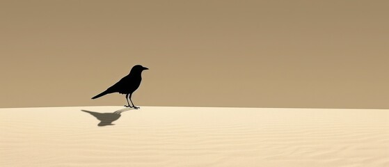 a black bird standing on top of a white sand covered hill in the middle of the desert with a shadow cast on the ground.