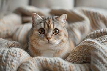 Fototapeta premium Magazine photography style of a tri-colored Scottish Fold with a delightfully chubby and round face