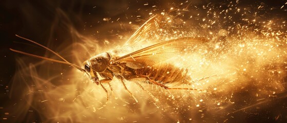 a close up of a bee flying through the air with a lot of sparks coming out of it's wings.