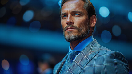 male model around 35 to 40 years old walking on the catwalk, photo taken from the side, business suit