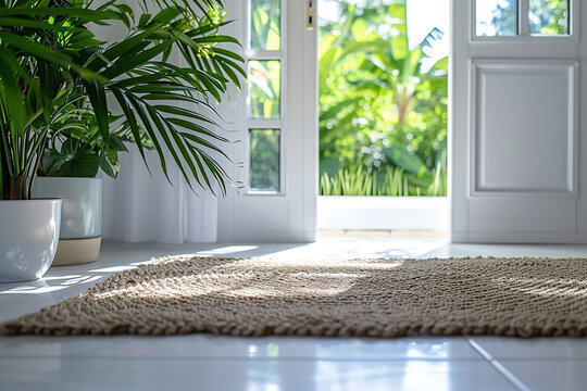 Macro Low Angle Shot Of A Rug Under An Open Door Bright Modern Entrance With White Floor