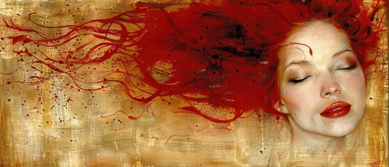 a painting of a woman's face with red hair blowing in the wind and blood splatters all over her face.