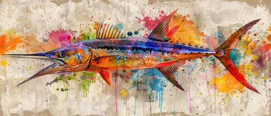 a painting of a fish with lots of paint splatches on it's body and a long tail.