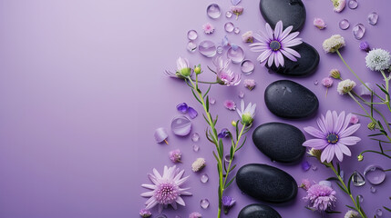 Free copy space for text, Flat lay composition with black spa stones and luxurious flowers isolated on purple background with space for text