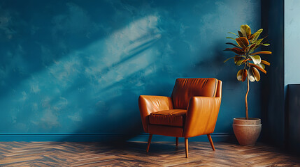 Fototapeta premium Free copy space for text, Modern interior of living room with leather armchair on wood flooring and dark blue wall