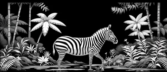 Foto op Canvas a black and white drawing of a zebra in a tropical scene with palm trees and other plants and flowers on a black background. © Jevjenijs