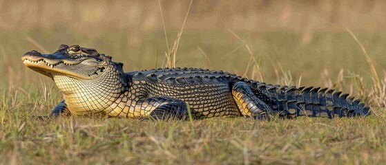 a close up of a large alligator laying in a field of grass with it's mouth open and it's eyes closed. - obrazy, fototapety, plakaty