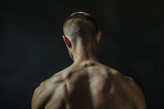 photograph of a mans back at black background