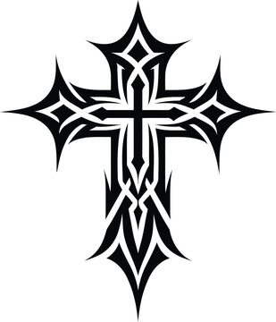 gothic cross in modern tribal tattoo, abstract line art, minimalist contour,