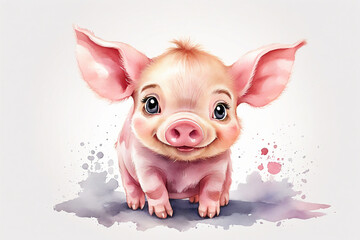 Cute piglet on a white background. Watercolor illustration.