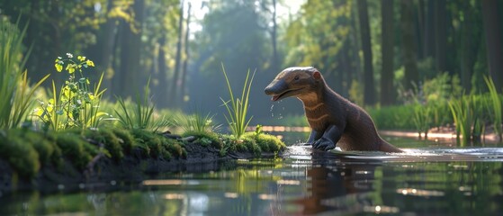 a dinosaur is sitting in the water and looking at something in it's mouth while standing on the edge of a body of water. - obrazy, fototapety, plakaty