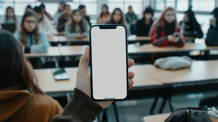 product still, a hand holding smartphone in the university classroom full of students, blank white screen