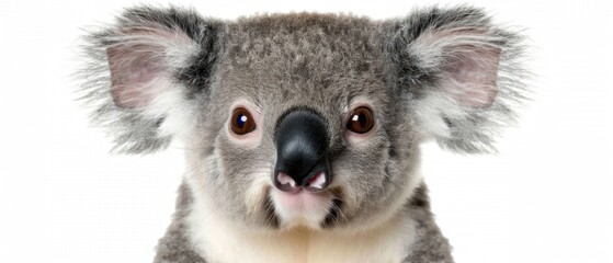 a close - up of a koala's face with a surprised look on it's face, against a white background.