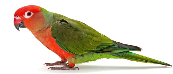 a close up of a bird on a white background with a green and red bird on it's back legs.