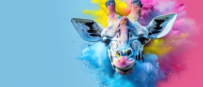 a close up of a giraffe's face with a multicolored paint splattered background.