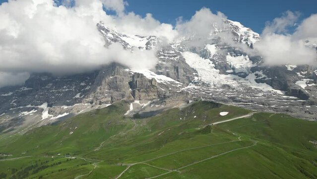 Aerial shot of the Eiger and Monch mountains in Bernese Oberland region, Switzerland