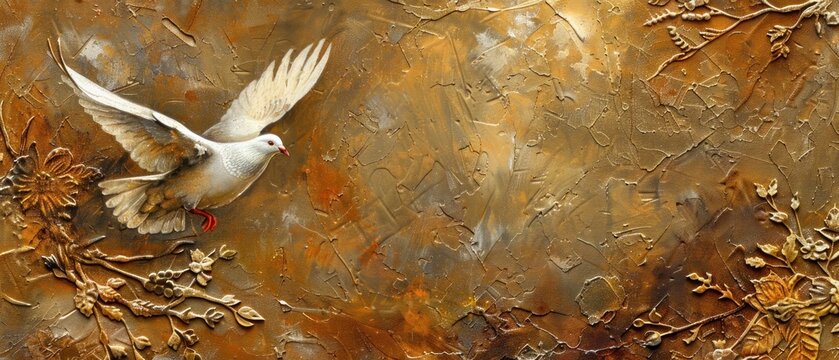 a painting of a white bird on a rusted metal surface with flowers and leaves on the bottom of the painting.