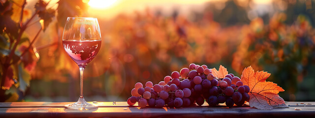 wine and grapes on a table by the sunset, in the style of cityscape, light magenta - Powered by Adobe