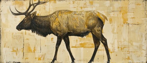 a painting of an elk standing in front of a wall with yellow paint on it's face and antlers on it's back.