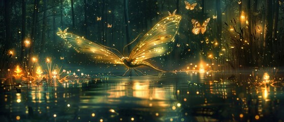a painting of a yellow butterfly flying over a body of water in a forest filled with lots of fireflies.