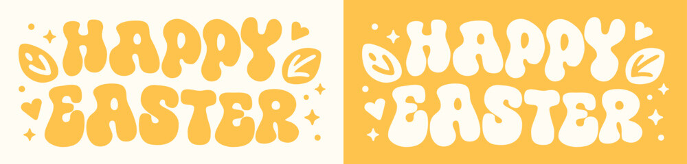 Happy Easter lettering groovy hippie wavy letters card. Cute leaves stars hearts drawing retro vintage 80s yellow aesthetic. Text vector for women girls boys children kids print cut file shirt design.