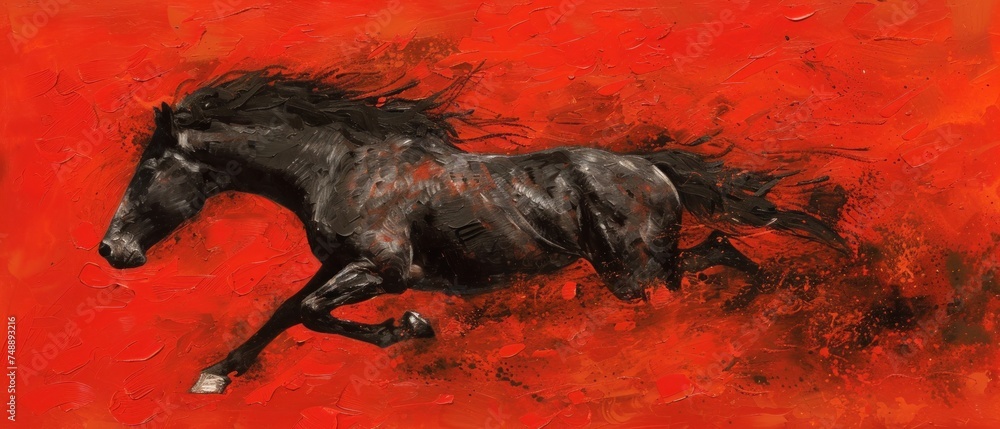 Poster a painting of a black horse galloping on a red, orange and black background with a white spot in the middle of the horse's body.