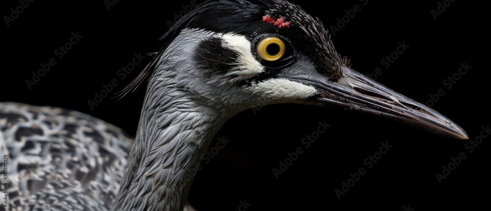 Wall mural a close up of a bird with a black and white pattern on it's head and a yellow eye.