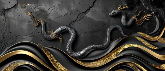 a black and gold wall with a snake on top of it and a dragon on the bottom of the wall.