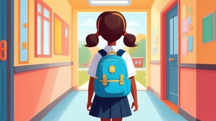 Girl 7-8 years old in school uniform walks down the corridor from school, illustration of girl from back, girl is wearing blue backpack, modern light interior of school. Back to school concept