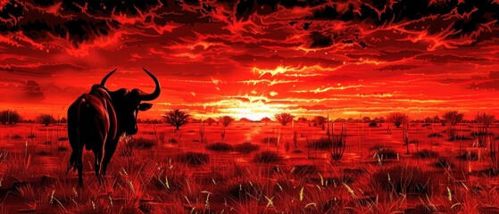 a painting of a bull standing in the middle of a field with the sun setting in the sky behind it.