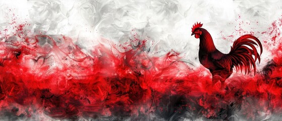 a painting of a rooster standing in front of a red and white background with a black rooster standing in front of a red and white background.