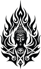 budha in modern tribal tattoo, abstract line art, minimalist contour,