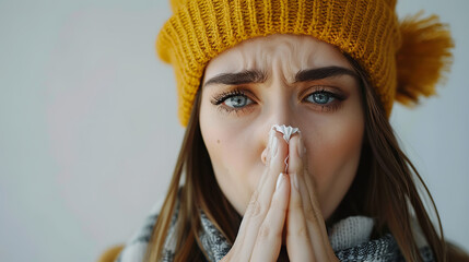 wide shot, A person with allergies is sneezing, home background - obrazy, fototapety, plakaty
