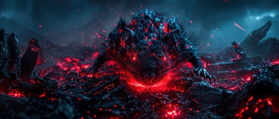 a computer generated image of a demonic creature surrounded by red and blue lava and lava rocks, with a dark sky in the background.