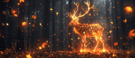 a deer standing in the middle of a forest with lots of leaves falling off of it's antlers.