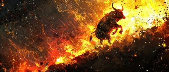 a bull that is standing in the middle of a fire with it's head on it's hind legs.
