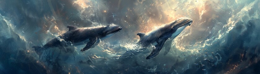 In a dynamic and textured painting, the undulating waves of the ocean are graced by a pod of humpback whales swimming gracefully. - obrazy, fototapety, plakaty