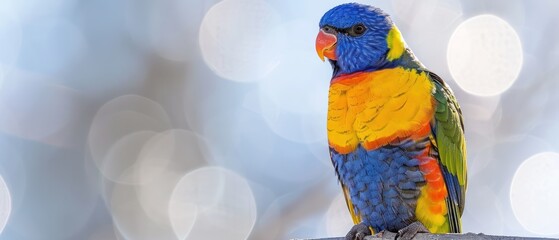 a multicolored bird sitting on top of a tree branch in front of a boke of blurry lights.
