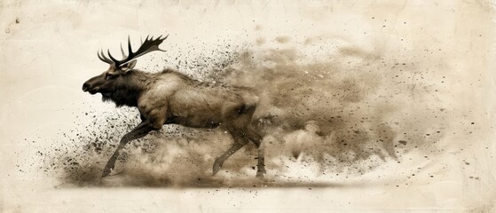 a painting of a moose running through a cloud of dust in the middle of the picture is a picture of a moose running through a dust cloud in the middle of dust.