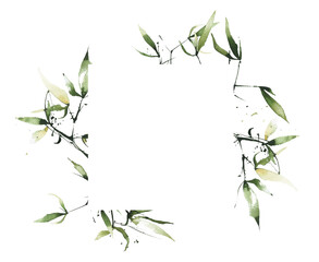 Watercolor greenery bamboo square frame. Green exotic branches, leaves and twigs. Watercolour template design.