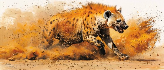 a painting of a hyena running through a field of orange and yellow dust with it's mouth open. - obrazy, fototapety, plakaty
