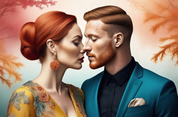 Intimate digital portrait of a stylish couple about to kiss