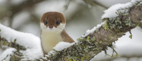 a small brown and white animal sitting on top of a tree branch in a forest filled with lots of snow.